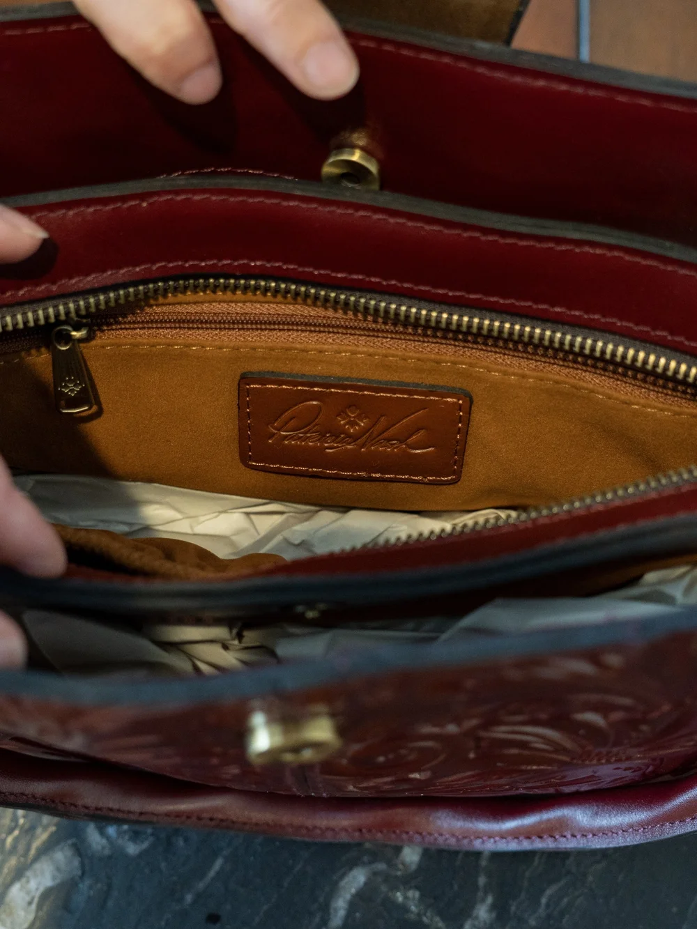 Embossed Floral Leather Satchel Bag